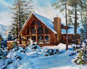 Cabin Cottage Vacation Home House Portrait, 8 x 10 custom oil painting, made to order