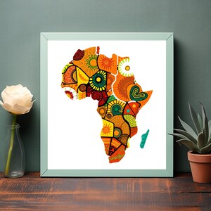 Carte du continent africain vibrante - art numérique stylisé avec des motifs géométriques et des motifs culturels - oeuvre d'art murale à téléchargement immédiat