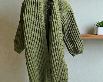 English Rib Cardigan Knitting Pattern, Long Knit Sweater (PDF Pattern XS-XL)