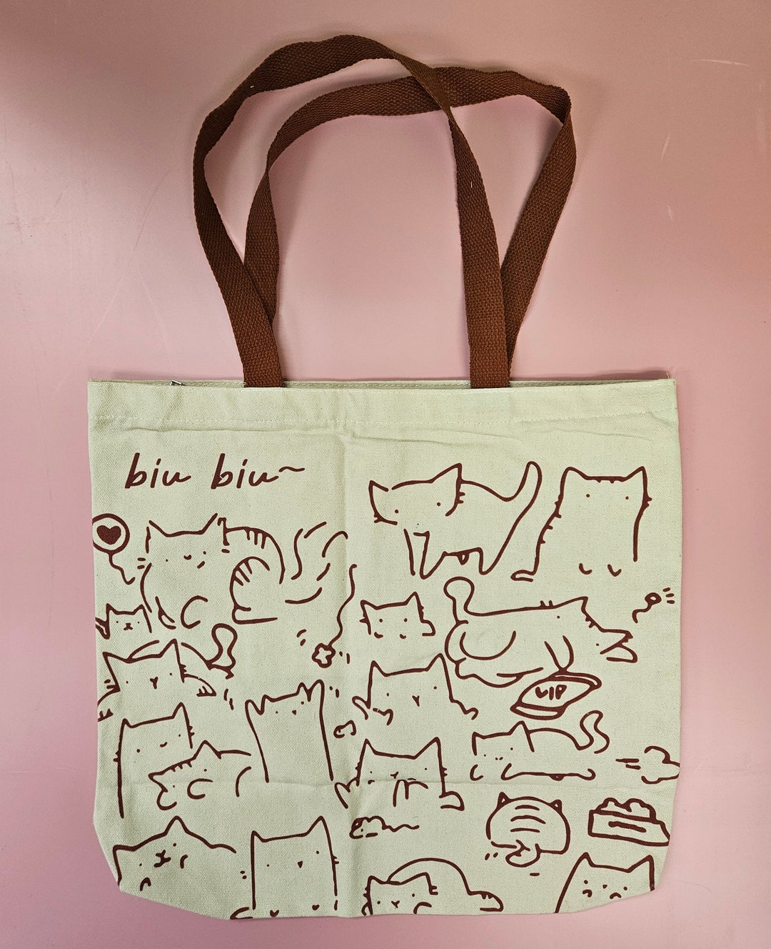 Biubiu Cat Style Canvas Bag; Designed Kitten Tote Bag W Zipper and