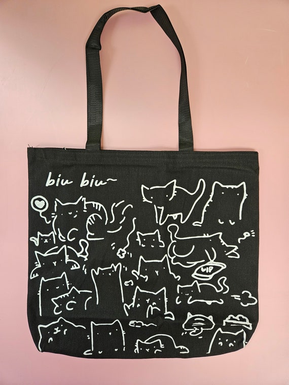 Biubiu Cat Style Canvas Bag; Designed Kitten Tote Bag W Zipper and