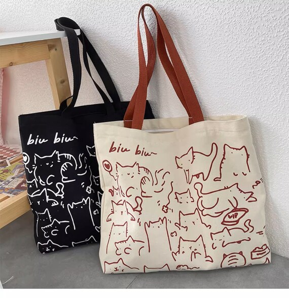 Biubiu Cat Style Canvas Bag; Designed Kitten Tote Bag W Zipper and
