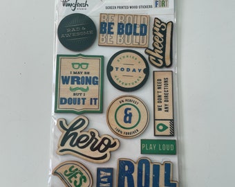 Pinkfresh Studio  - Boys Fort 12 Screen Printed Wood Stickers Hero Mustache Cheers