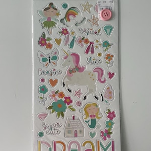 Simple Stories - 37 pegatinas de cartón con diseño de unicornio, princesa, hada y mariposa.