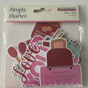 Simple Stories - 45 piezas impresas de Sweet Talk Bits & Pieces Love Hearts Koalas Tostadora Ballena Pandas Papas fritas Formas de cartulina