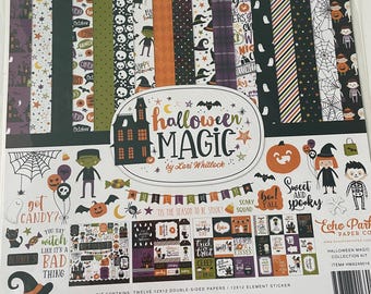 May include: A Halloween Magic collection kit with double-sided papers and element stickers. The kit features a variety of spooky designs, including pumpkins, witches, ghosts, and bats. The color palette includes orange, black, green, and purple. The text on the kit says "Halloween Magic" and "Tis the season to be spooky".