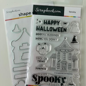 May include: A set of clear photopolymer stamps and metal cutting dies for crafting. The stamps feature a haunted house, pumpkins, a ghost, a witch hat, and text including Happy Halloween, Bootiful Blessings, Howl You Doin', Trick or Treat, Hey Pumpkin, and Happy Spooky Season.