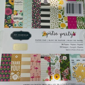 May include: A paper pad titled "Patio Party" with 36 sheets, 18 designs, and dimensions of 6x6 inches. The cover features various patterned papers, including floral, striped, and flamingo designs. The text "Thank You!" is visible on one of the sheets.