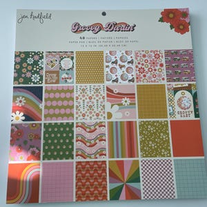 Può includere: Un blocco di carta di Jen Hadfield con il testo "Groovy Darlin'" con 48 fogli di carta fantasia. La carta presenta una varietà di disegni, tra cui fiori, arcobaleni e forme geometriche. Ogni foglio misura 30,48 x 30,48 cm.