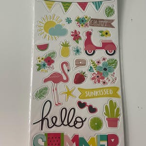 Simple Stories - 24-teilige gedruckte Hello Summer-Chipboard-Aufkleber Obst Flamingo Kaktus Palmen