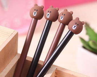 Teddy Bear Pen, Brown Bear Head Pens, set of 2, fine tip gel pen black ink, cartoon bear pen, kawaii bear pen, novelty pen set