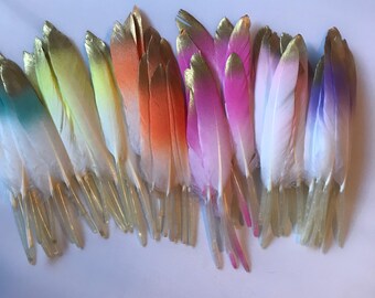 Gold dipped feathers, set of 10 white feathers with gold tips, pink feather with gold tip, blue feather, orange feather, yellow feather