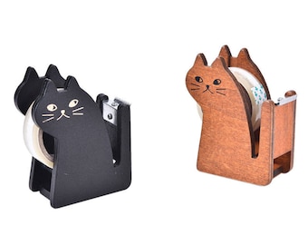 Cat Tape Dispenser, Cute Kawaii Cat Tape Dispenser, Wooden Kitty Cat tape Dispenser in Black or Brown Wood, Office Desk Decor Supply