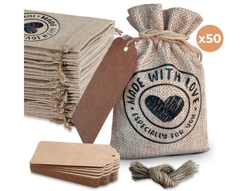 50PCS 4’’x6’’ inch Burlap Gift Bag,Drawstring Line and Gift Tags with Phrase Made with Love, Favor Bags for Party, Jewelry Bags Color Yute