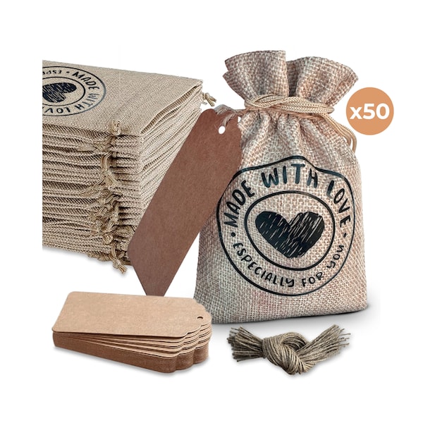 50 STKS 4'' x 6'' inch jute cadeauzakje, koordlijn en cadeaukaartjes met zin Made with Love, bedankzakjes voor feest, sieradentassen Kleur Yute