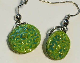 Lime & Light Blue Pattern Circle Earrings
