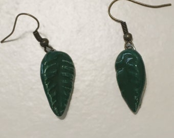 Dark Green Leaf Earrings