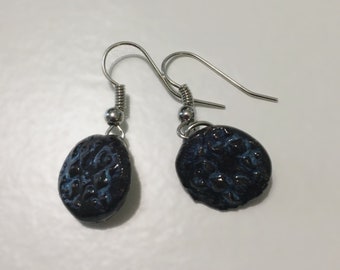 Mottled Dark Blue Pattern Circle Earrings