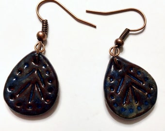 Blue-Brown Patterned Raindrop Earrings