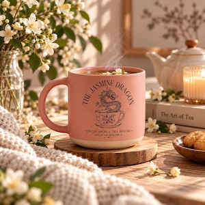 May include: A matte pink ceramic mug with a cream-coloured base, featuring a black graphic of a dragon emerging from a teacup. The text reads The Jasmine Dragon, Uncle Iroh's Tea House, and Quality Teas of Ba Sing Se in a circular design.