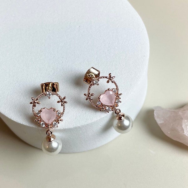Pink Heart with Dangle and Drop Pearl Earrings, Rose Gold Earrings, Gift for Her, Pretty Earrings