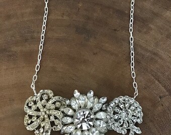 Vintage Rhinestone Brooch Necklace-Statement Necklace-Wedding Jewelry