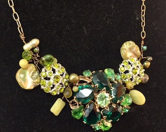 Sposa vintage verde Spilla dichiarazione collana - Bib gioielli - strass Accessori - Dichiarazione Gioielli