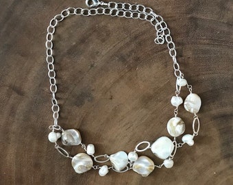 Modern Pearls and Silver Double Strand Adjustable Necklace