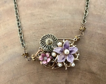 Vintage Collage Bib Necklace Lavendar Floral Pearl Brooch Button