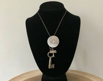 Steampunk Vintage Skeleton Antique Key Vintage Mother of Pearl Button and Silver Plated Dragonfly Necklace