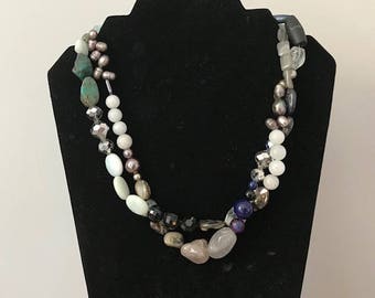 Chunky Blues & Grays- Stone and Pearl Double Strand Necklace