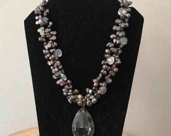 SALE-Blue Pearl Multi Strand Necklace with Chalcedony drops and Vintage Chandelier Pendant