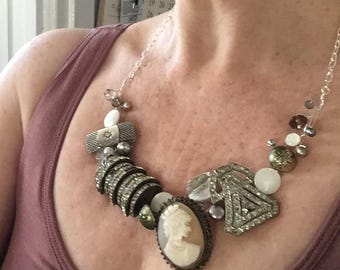 Vintage Buttons, Brooches, Pearls and Semi Precious Stones & Cameo Steampunk Collage Bib Statement Necklace