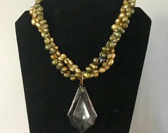 SALE-Green Pearl Multi Strand Necklace with Vintage Chandelier Pendant