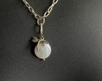 Pearl and Dragonfly Pendant Charm Necklace