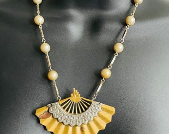 Art Deco Fan Brooch Pearl long pendant Necklace