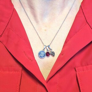 Peut inclure: Un collier argenté composé de trois petits pendentifs : un disque circulaire gravé de la lettre B, une pierre précieuse ronde rouge foncé et une breloque en forme de pomme de pin argentée texturée, suspendus à une fine chaîne argentée.