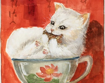 Printed from my original watercolor hand-painted artwork. Lucky white cat. Digital Download. Gifts for traditional Asian occasions.