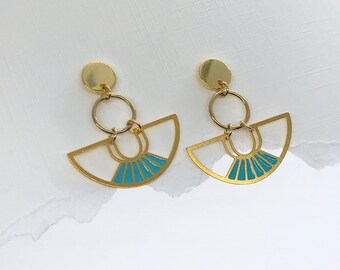 Turquoise Art Deco Fan Earrings Geometric Drop Earrings Laser Cut Earrings