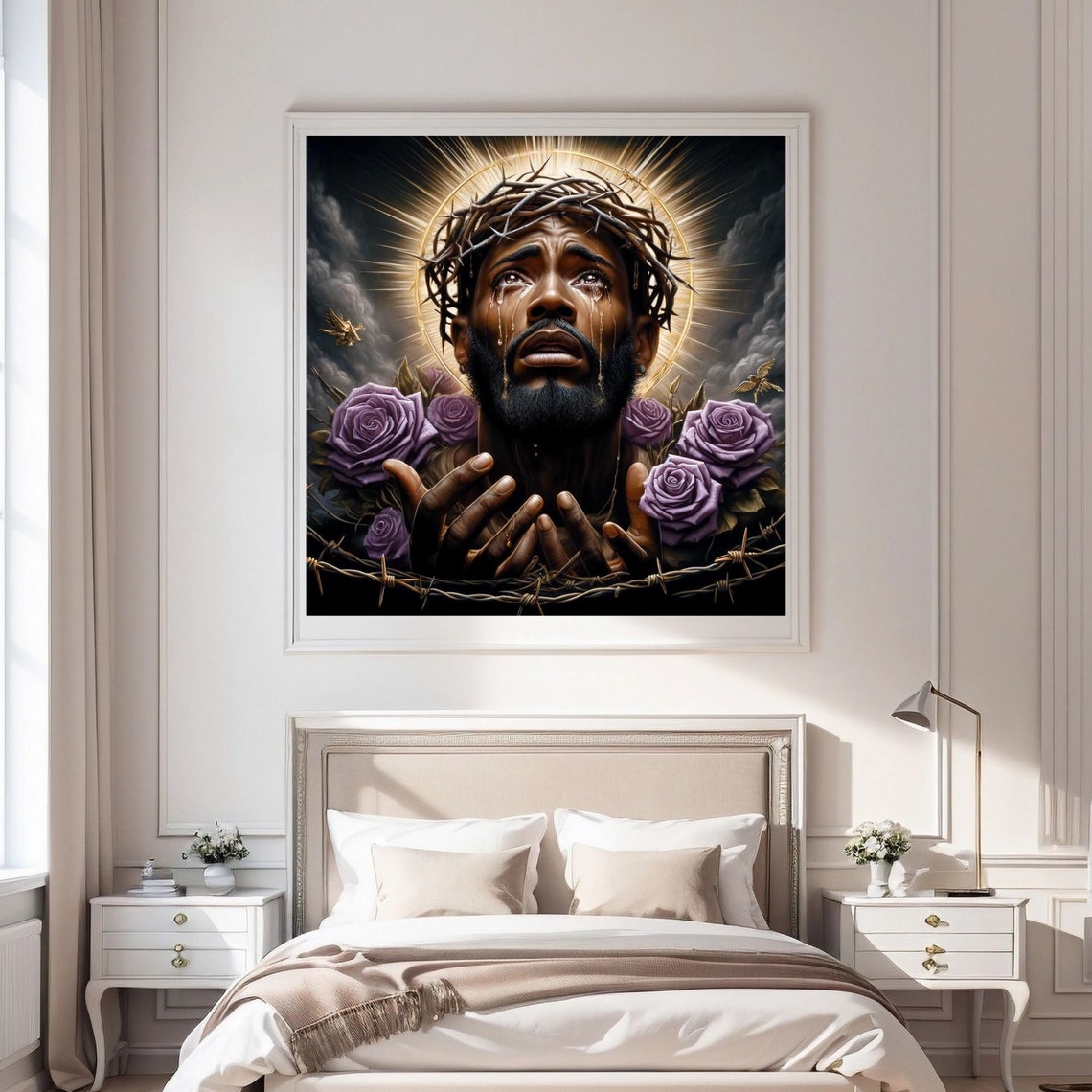 Afrocentric Art Décor Black Jesus Christ Crying to God Christian Art