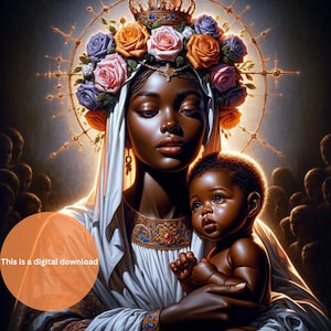 Arte afrocentrica inchiostro nero Vergine Maria e Gesù bambino arte murale Vergine Maria cristiana Gesù bambino nero dipinto vergine Maria