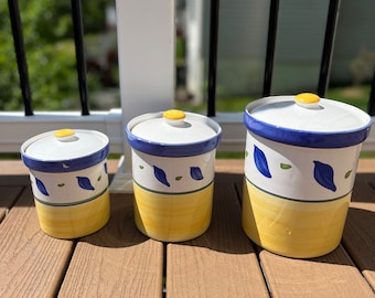 William Sonoma Canister Set of 3 (8.5",7",6") Yellow and Blue.