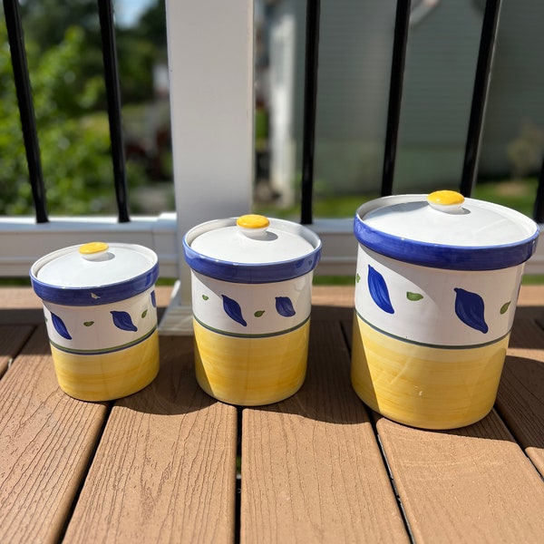 William Sonoma Canister Set of 3 (8.5",7",6") Yellow and Blue.