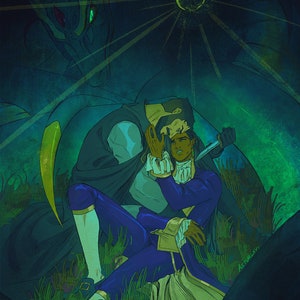 May include: A dark green and blue illustration of two figures embracing in a woodland setting. The figure in the foreground is wearing a blue and gold outfit and the figure in the background is wearing a dark green and white outfit. The background features a large, dark green, shadowy figure with glowing green eyes.