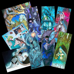 May include: A collection of rectangular bookmarks and prints featuring anime-style illustrations of characters in wizard hats, robes, and capes. The artwork displays vibrant colors, including shades of blue, green, pink, and gold, with intricate details of forest settings, magical elements, and celestial motifs.
