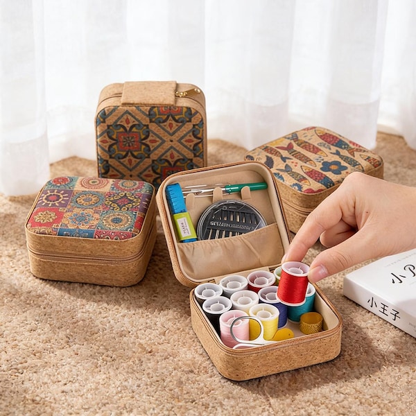 Compact Cork Sewing Kit Box with Colorful Patterns – Travel Sewing Organizer with Threads, Needles, Scissors – Portable Gift for Crafters