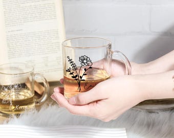 Personalized Birth Month Flower Glass Mug: Custom Bridal Party Gift