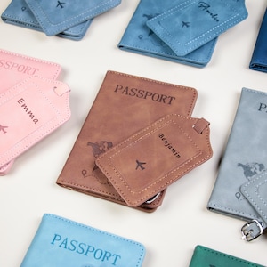 Gepersonaliseerde lederen paspoorthouder en gepersonaliseerd bagagelabel, cadeaus bruidsmeisje, huwelijksreiscadeau, reisset, bruid, cadeaus voor haar