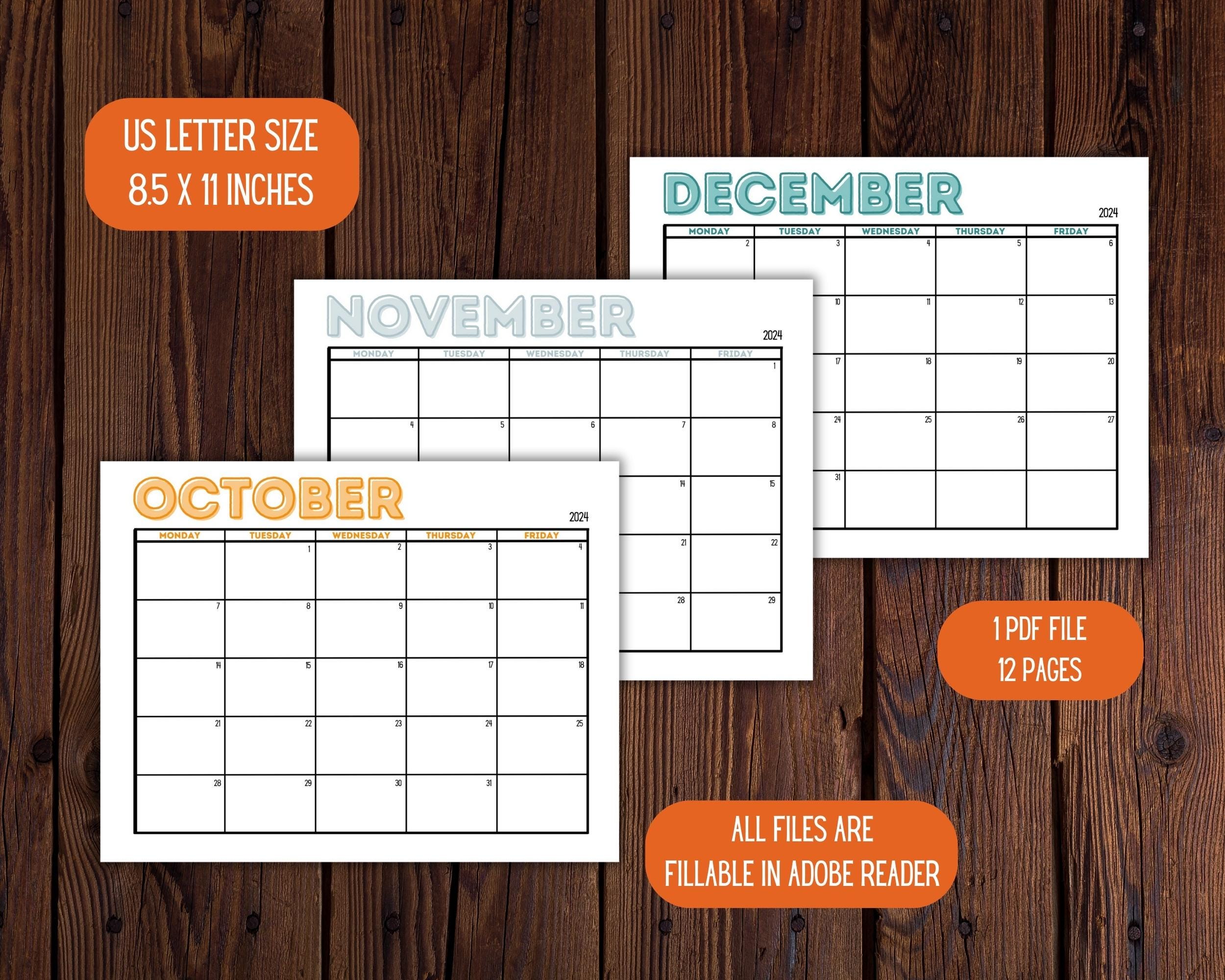 Editable School Year Calendar Printable 20242025 Landscape Monthly