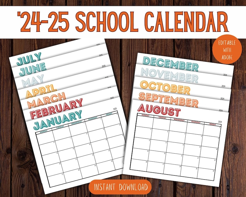 Editable School Year Calendar Printable 20242025 Landscape Monthly